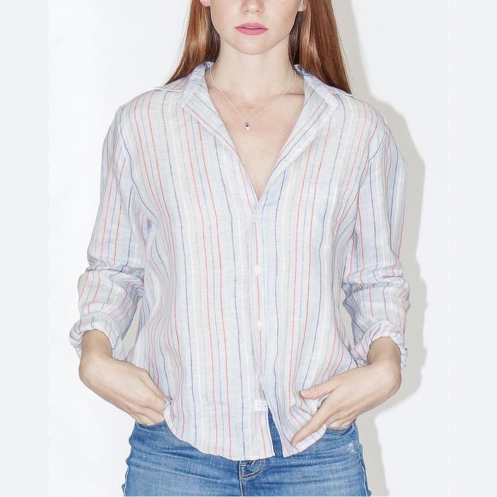 Frank & Eileen Linen Barry Gray Shirt Multi Stripe Button Up Long Sleeve Size XS